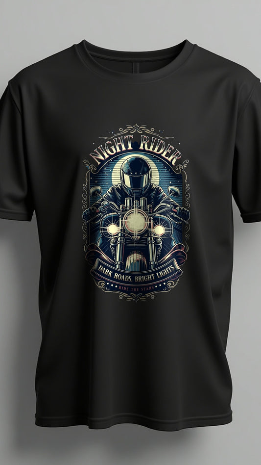 Night Rider | Dark Roads, Bright Lights Biker Graphic T Shirt