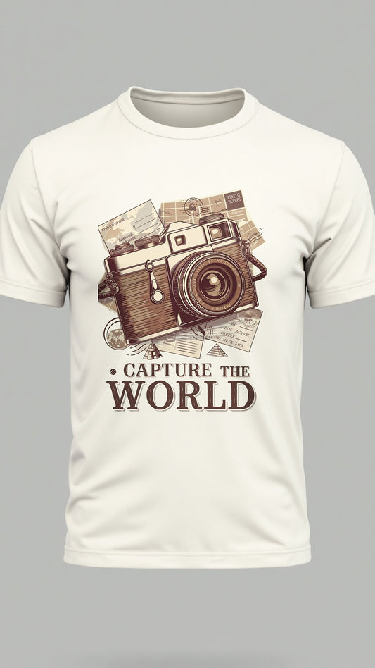 Capture the World – Vintage Camera Travel-Inspired Printed T-Shirt