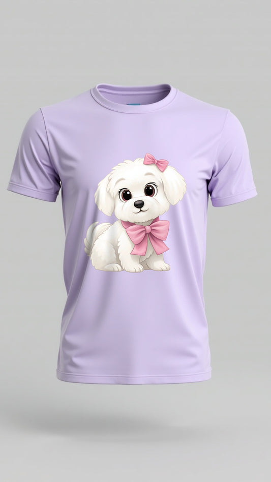 Cute Puppy Bow Printed T-Shirt – Lilac Love Edition