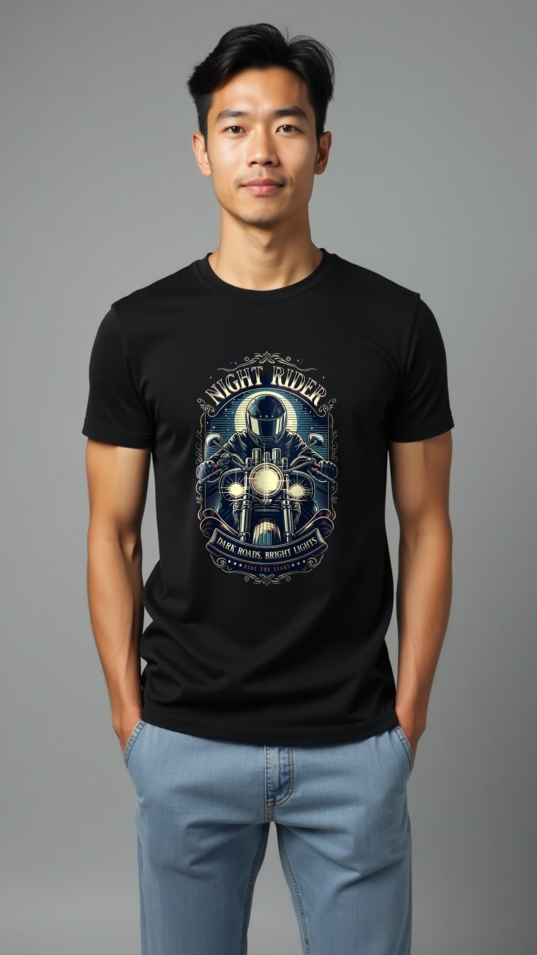 Night Rider | Dark Roads, Bright Lights Biker Graphic T Shirt