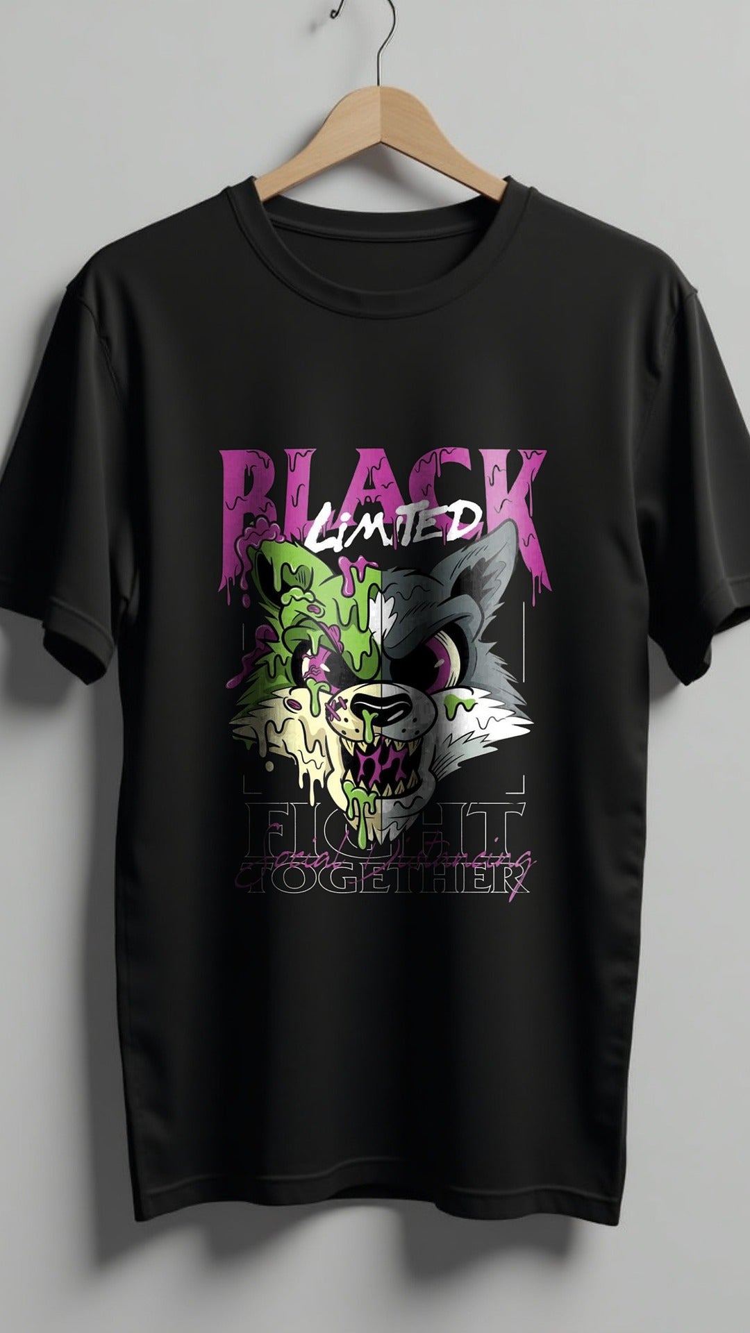 LIMITED FURY | Drip Art Wolf Graphic Oversized Black T-Shirt"