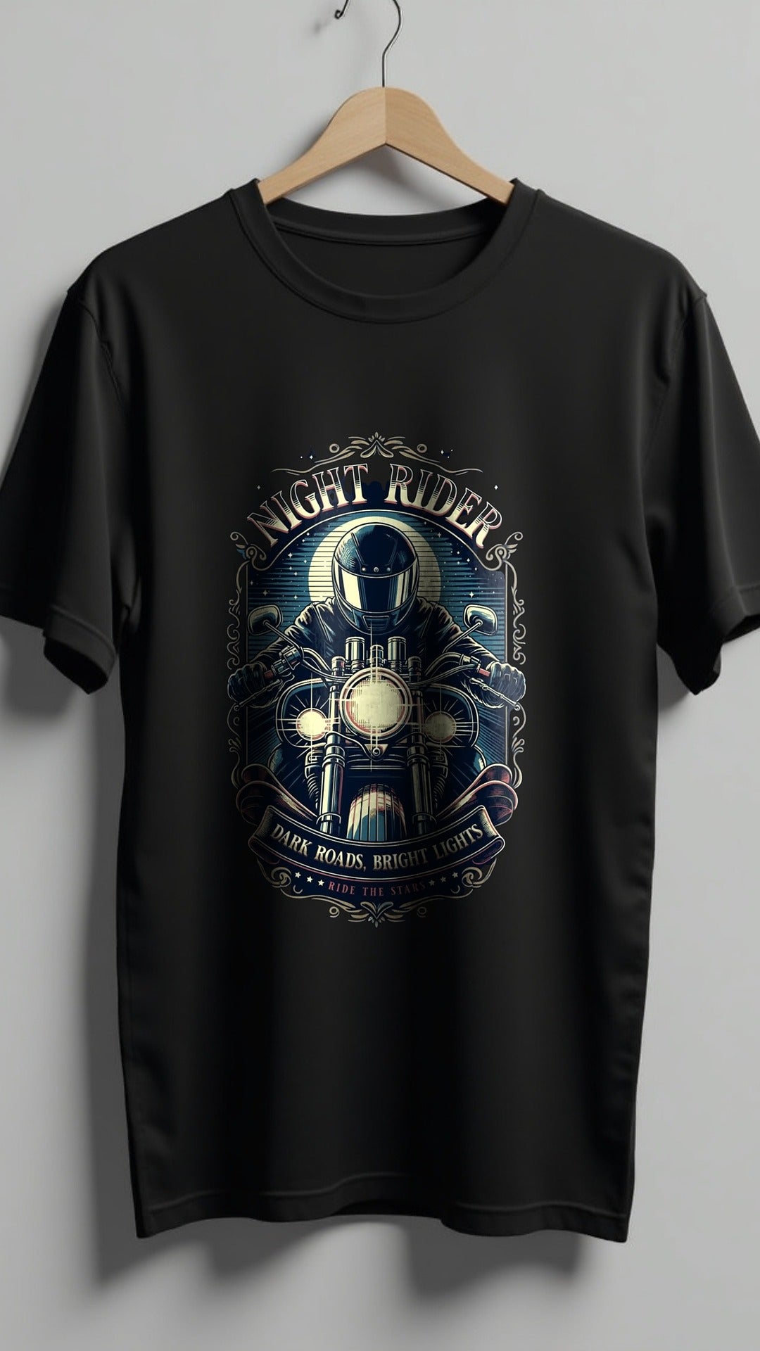 Night Rider | Dark Roads, Bright Lights Biker Graphic T Shirt