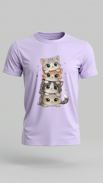 Stacked Cutie Cats – Adorable Cartoon Cat Printed T-Shirt