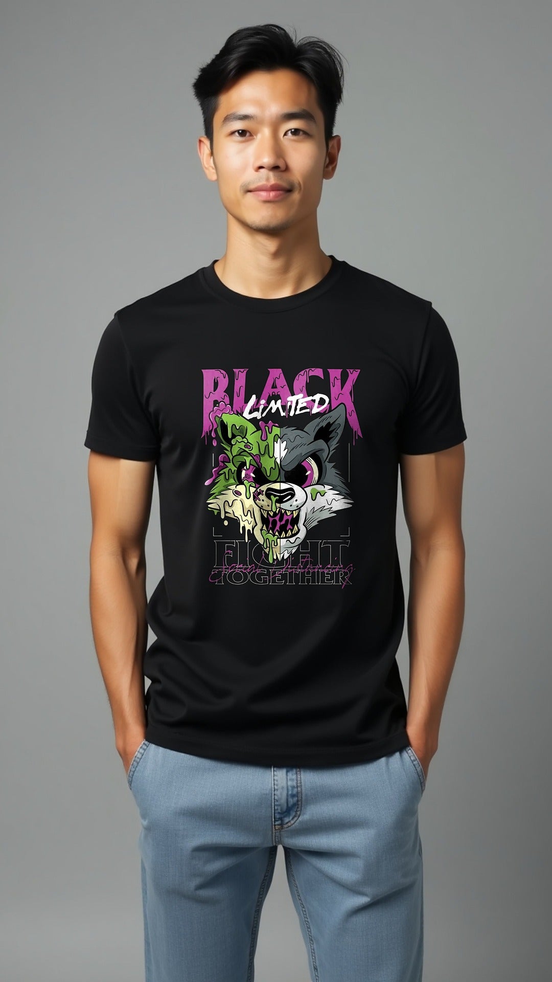 LIMITED FURY | Drip Art Wolf Graphic Oversized Black T-Shirt"