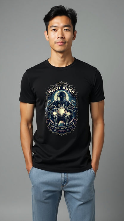 Night Rider | Dark Roads, Bright Lights Biker Graphic T Shirt