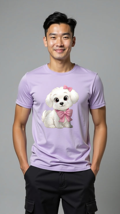 Cute Puppy Bow Printed T-Shirt – Lilac Love Edition