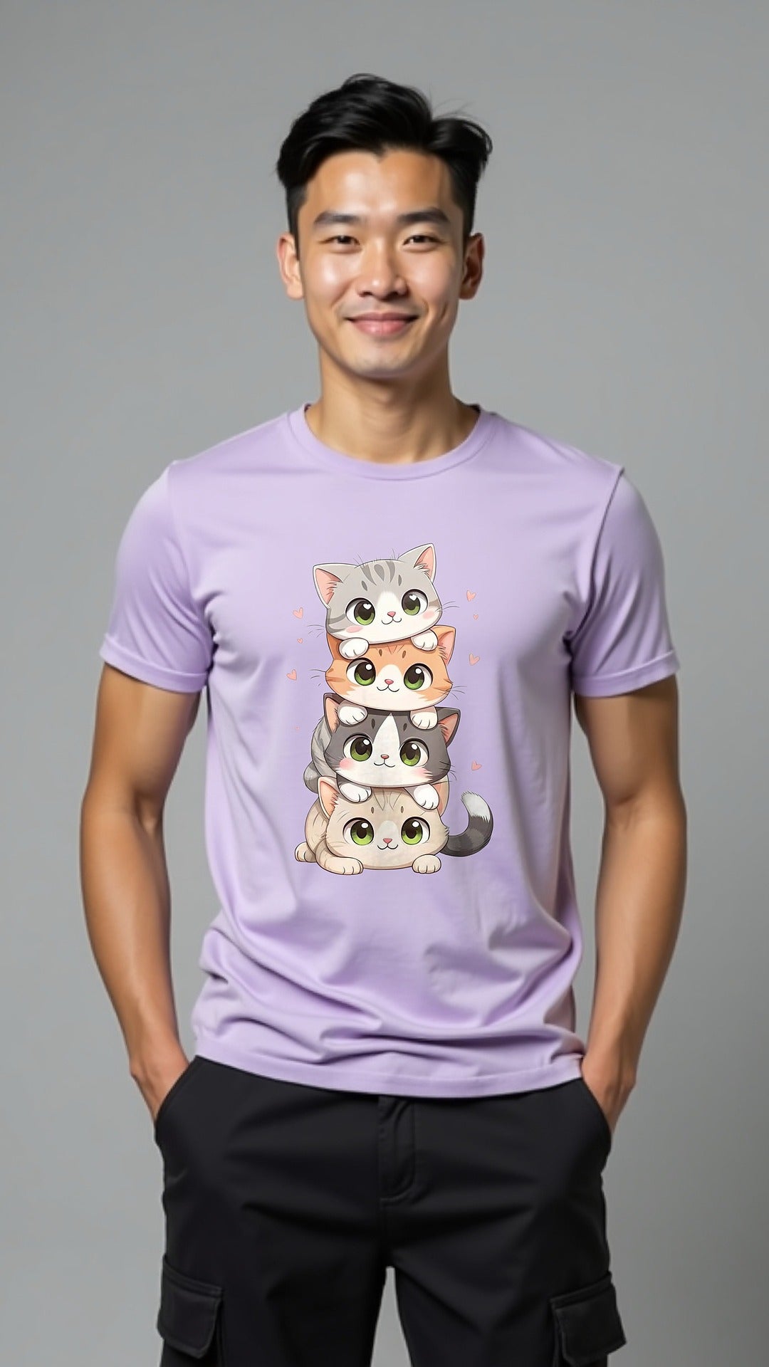 Stacked Cutie Cats – Adorable Cartoon Cat Printed T-Shirt