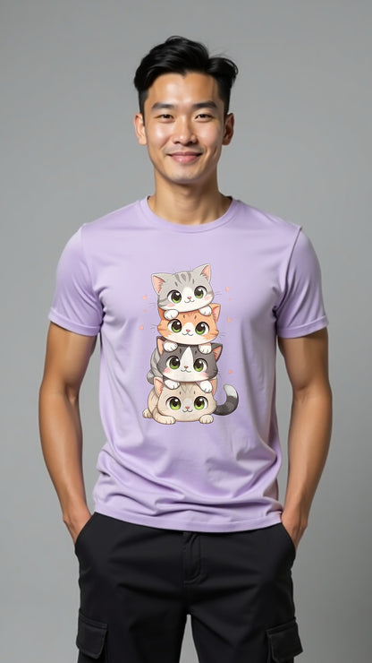 Stacked Cutie Cats – Adorable Cartoon Cat Printed T-Shirt