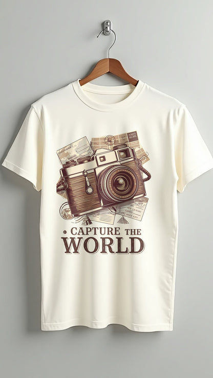 Capture the World – Vintage Camera Travel-Inspired Printed T-Shirt