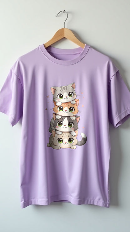 Stacked Cutie Cats – Adorable Cartoon Cat Printed T-Shirt