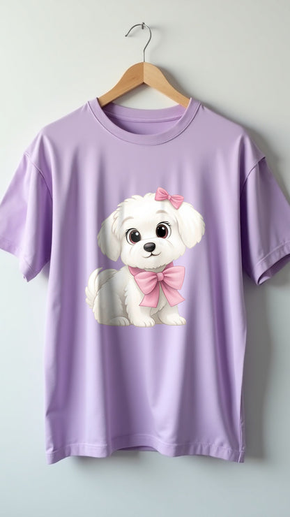 Cute Puppy Bow Printed T-Shirt – Lilac Love Edition